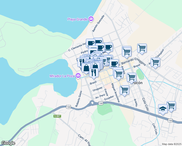 map of restaurants, bars, coffee shops, grocery stores, and more near 296 Lincoyán in Pucon