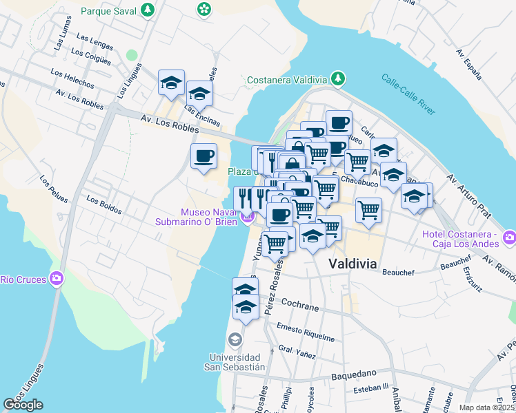 map of restaurants, bars, coffee shops, grocery stores, and more near 10 Arauco in Valdivia