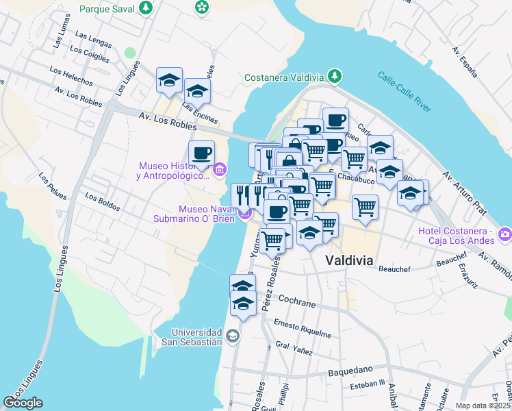 map of restaurants, bars, coffee shops, grocery stores, and more near 10 Arauco in Valdivia