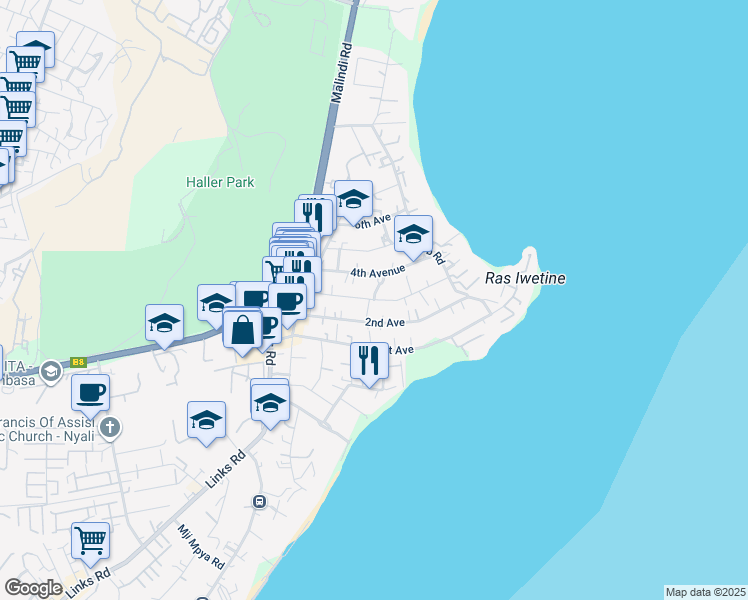 map of restaurants, bars, coffee shops, grocery stores, and more near 3rd Avenue in Mombasa