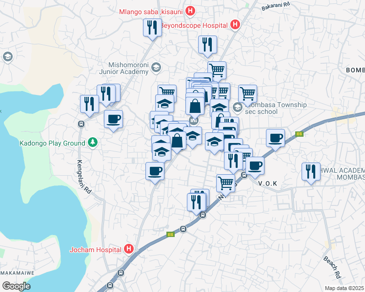 map of restaurants, bars, coffee shops, grocery stores, and more near Old Malindi Road in Mombasa