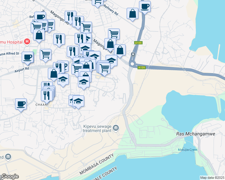 map of restaurants, bars, coffee shops, grocery stores, and more near Magongo Road in Mombasa