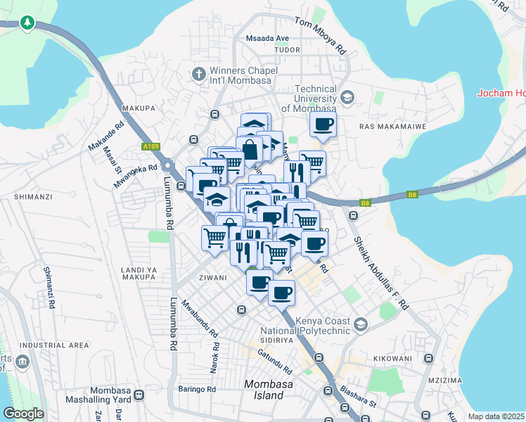 map of restaurants, bars, coffee shops, grocery stores, and more near Ronald Ngala Rd in Mombasa