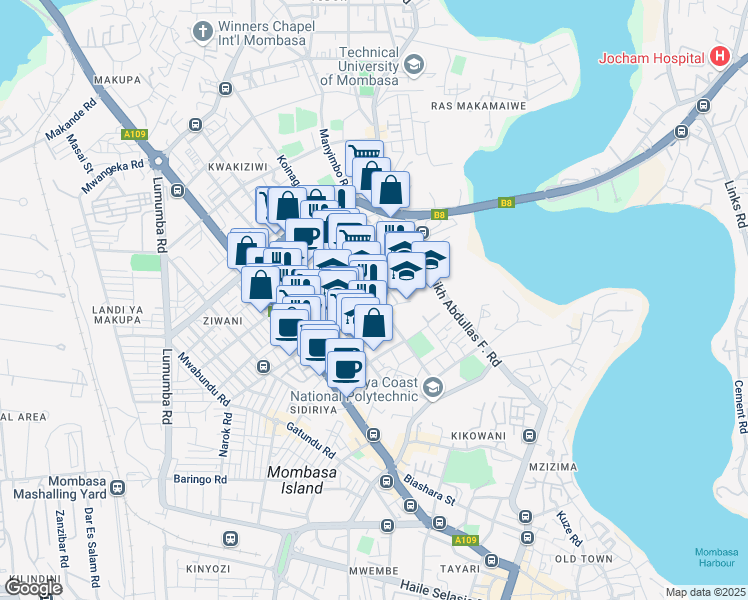 map of restaurants, bars, coffee shops, grocery stores, and more near Koinage Road in Mombasa