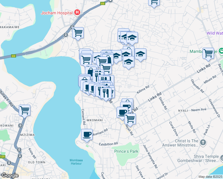 map of restaurants, bars, coffee shops, grocery stores, and more near in Mombasa