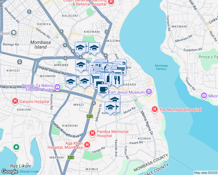 map of restaurants, bars, coffee shops, grocery stores, and more near Makadara Road in Mombasa