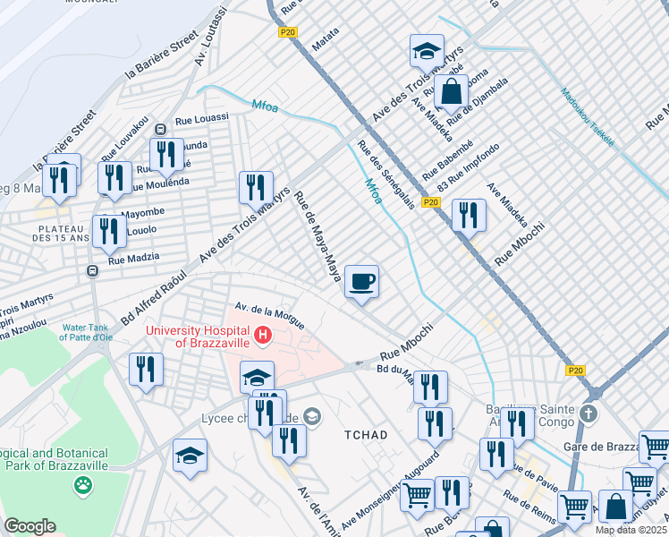 map of restaurants, bars, coffee shops, grocery stores, and more near in Brazzaville
