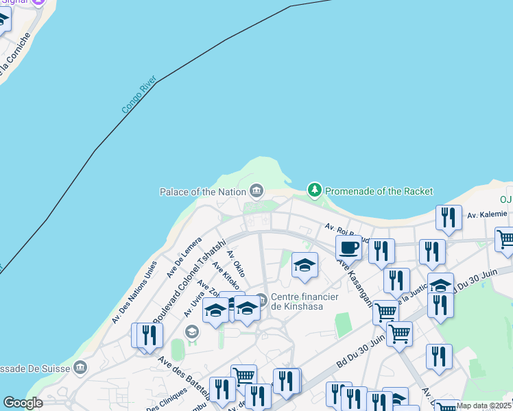map of restaurants, bars, coffee shops, grocery stores, and more near Avenue De Lemera in Kinshasa