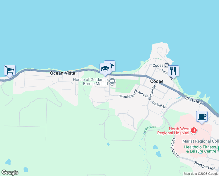 map of restaurants, bars, coffee shops, grocery stores, and more near Fidler Street in Cooee