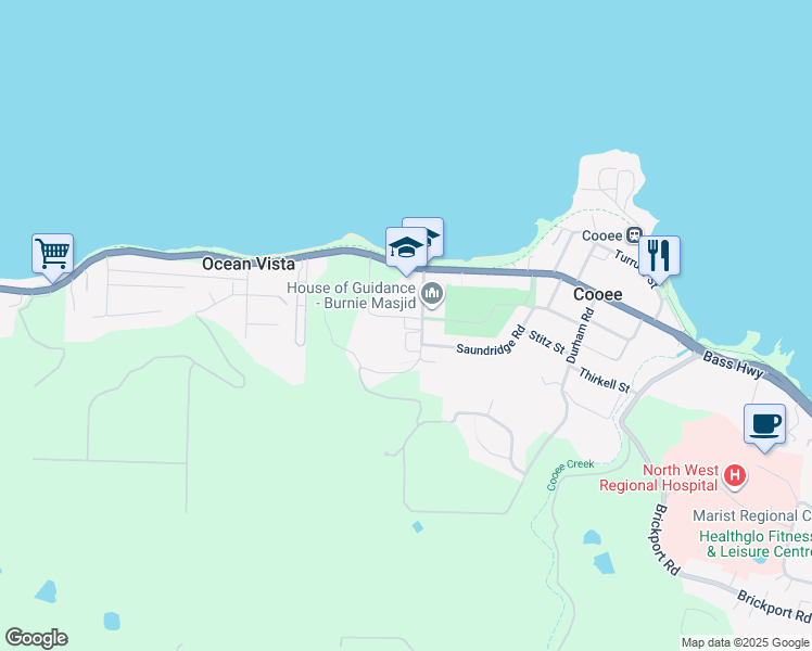 map of restaurants, bars, coffee shops, grocery stores, and more near 30 Fidler Street in Cooee