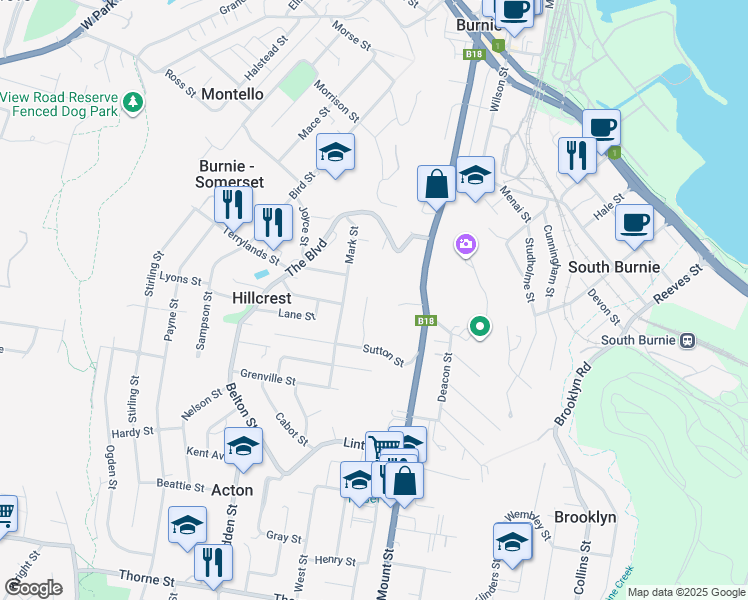 map of restaurants, bars, coffee shops, grocery stores, and more near 21 Cherry Street in Hillcrest