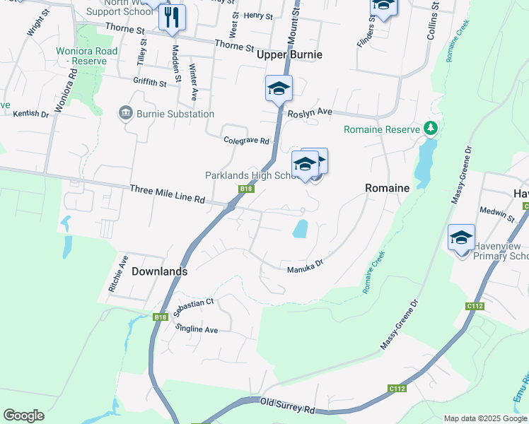 map of restaurants, bars, coffee shops, grocery stores, and more near Atkins Drive in Romaine