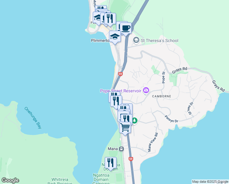 map of restaurants, bars, coffee shops, grocery stores, and more near Mana Esplanade in Porirua