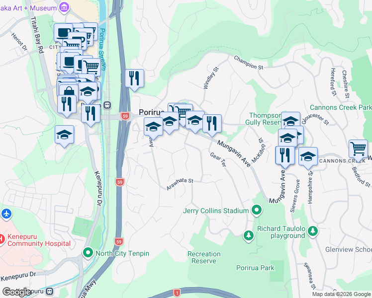 map of restaurants, bars, coffee shops, grocery stores, and more near Martin Street in Porirua
