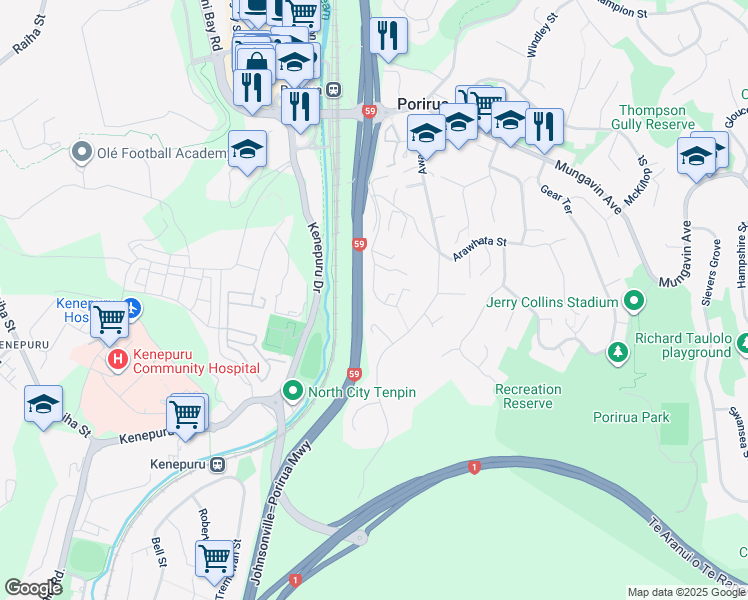 map of restaurants, bars, coffee shops, grocery stores, and more near 54 Huanui Street in Porirua
