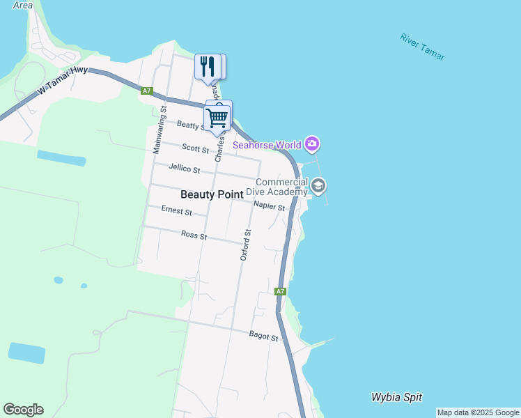 map of restaurants, bars, coffee shops, grocery stores, and more near 158 Oxford Street in Beauty Point