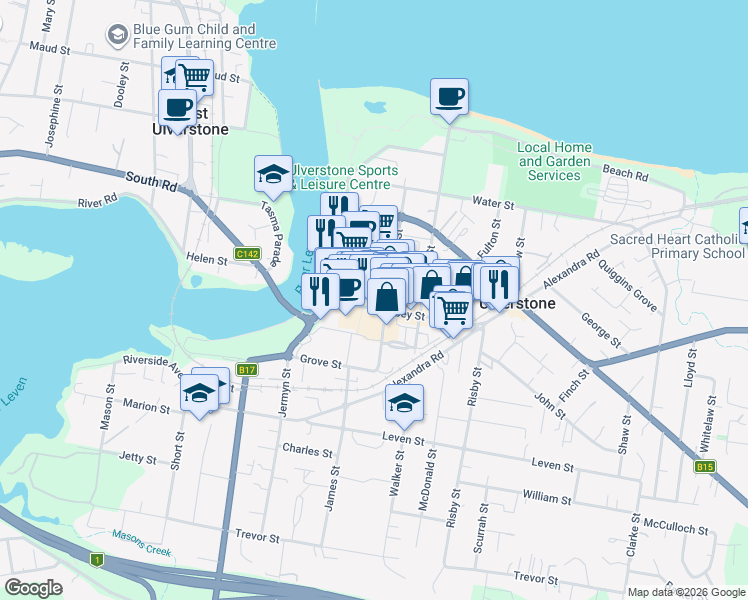 map of restaurants, bars, coffee shops, grocery stores, and more near 39 Reibey Street in Ulverstone