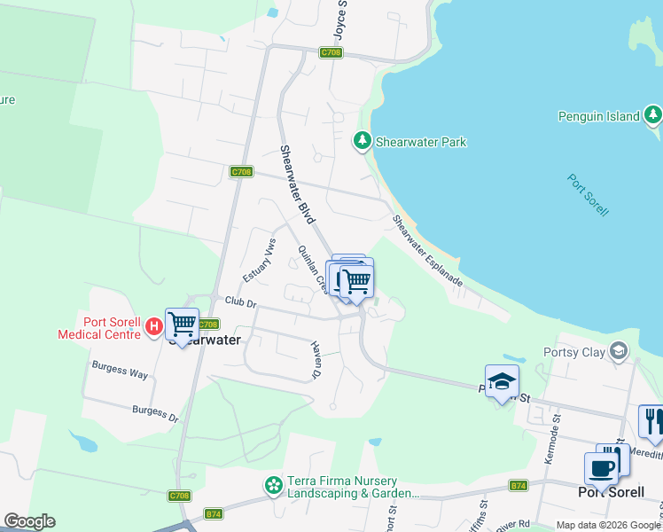 map of restaurants, bars, coffee shops, grocery stores, and more near 54 Shearwater Boulevard in Shearwater