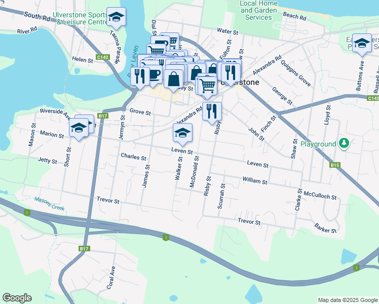 map of restaurants, bars, coffee shops, grocery stores, and more near Leven Street in Ulverstone