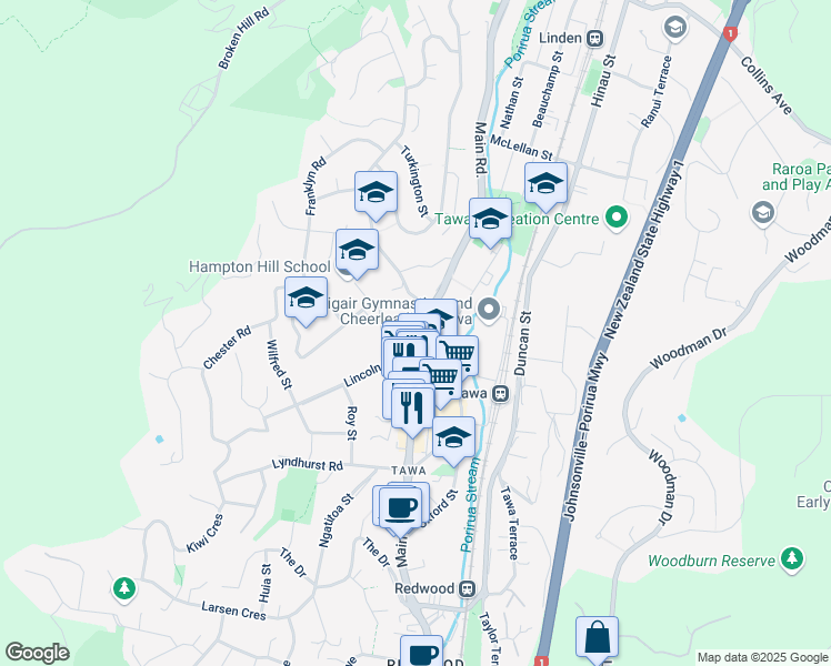 map of restaurants, bars, coffee shops, grocery stores, and more near 227 Main Road in Wellington