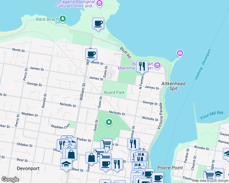 map of restaurants, bars, coffee shops, grocery stores, and more near 33-61 James Street in Devonport