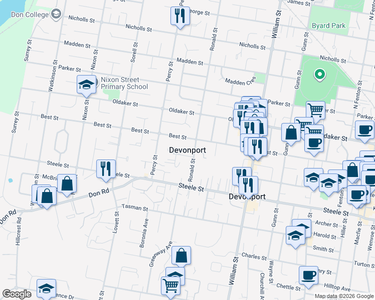 map of restaurants, bars, coffee shops, grocery stores, and more near in City of Devonport