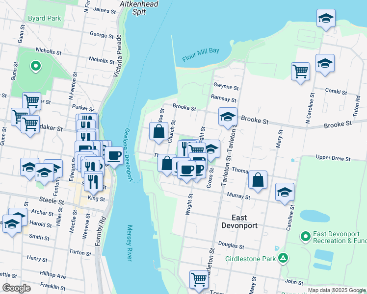 map of restaurants, bars, coffee shops, grocery stores, and more near 17 Thomas Street in East Devonport