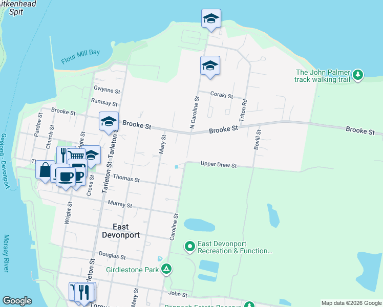 map of restaurants, bars, coffee shops, grocery stores, and more near 67 North Caroline Street in East Devonport