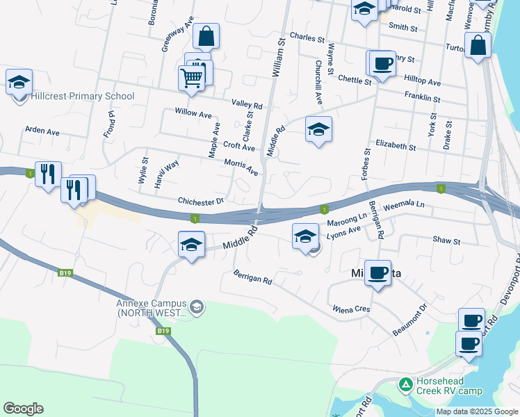 map of restaurants, bars, coffee shops, grocery stores, and more near Middle Rd in Miandetta