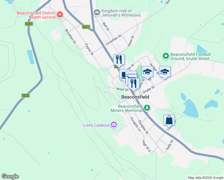 map of restaurants, bars, coffee shops, grocery stores, and more near 3 West Street in Beaconsfield