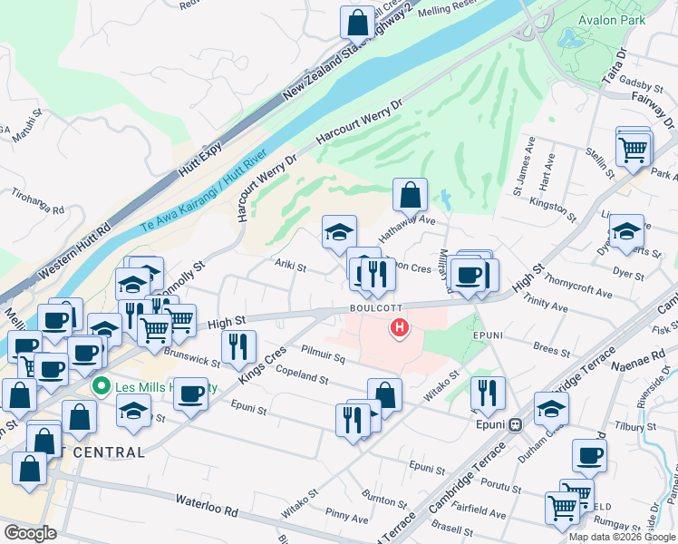 map of restaurants, bars, coffee shops, grocery stores, and more near 32 Boulcott Street in Lower Hutt