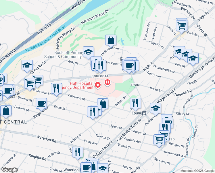 map of restaurants, bars, coffee shops, grocery stores, and more near 638 High Street in Lower Hutt