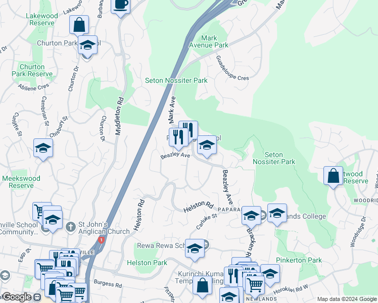 map of restaurants, bars, coffee shops, grocery stores, and more near 55 Beazley Avenue in Wellington