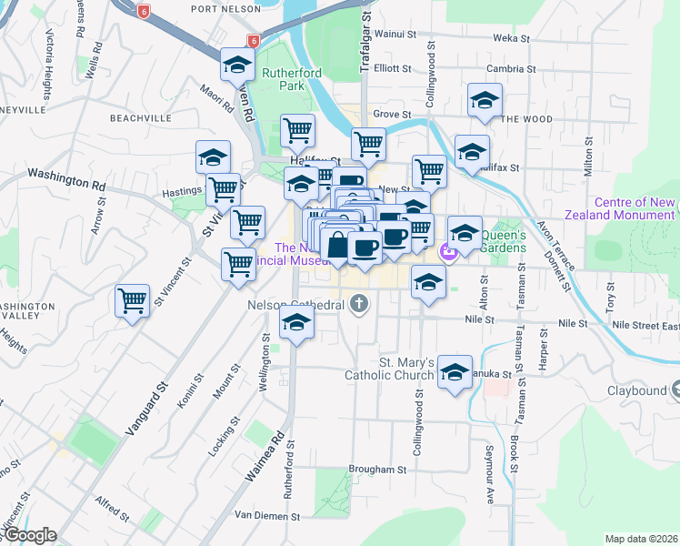 map of restaurants, bars, coffee shops, grocery stores, and more near Church Street in Nelson