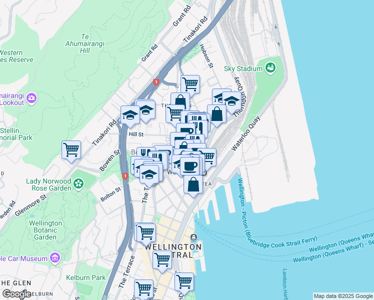 map of restaurants, bars, coffee shops, grocery stores, and more near 23 Kate Sheppard Place in Wellington