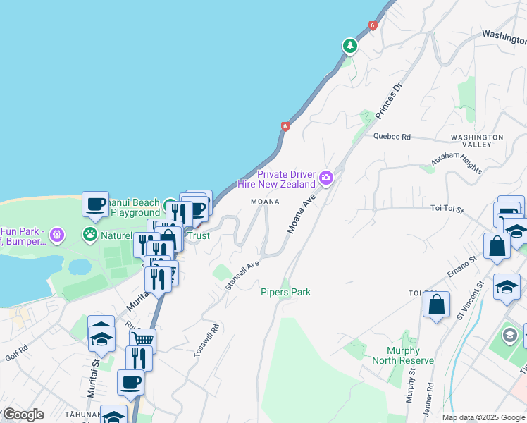 map of restaurants, bars, coffee shops, grocery stores, and more near 90 Moana Avenue in Nelson