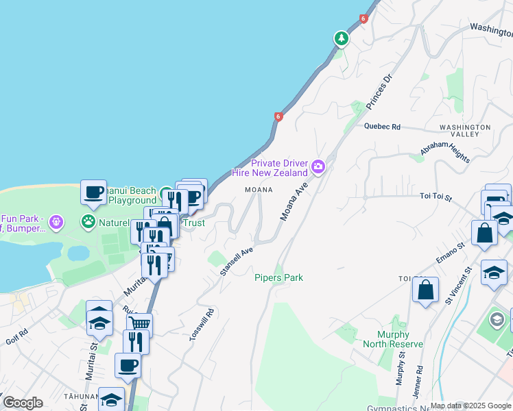 map of restaurants, bars, coffee shops, grocery stores, and more near 96 Moana Avenue in Nelson