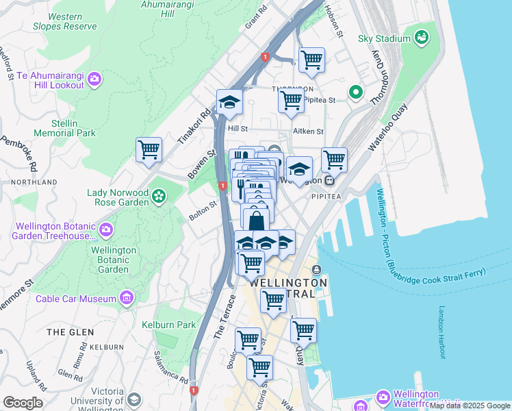 map of restaurants, bars, coffee shops, grocery stores, and more near 43 The Terrace in Wellington