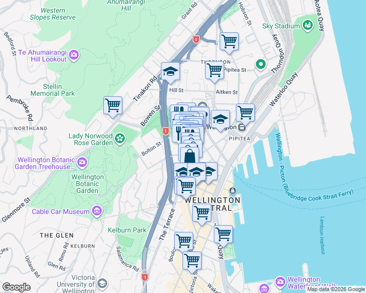map of restaurants, bars, coffee shops, grocery stores, and more near 44 The Terrace in Wellington