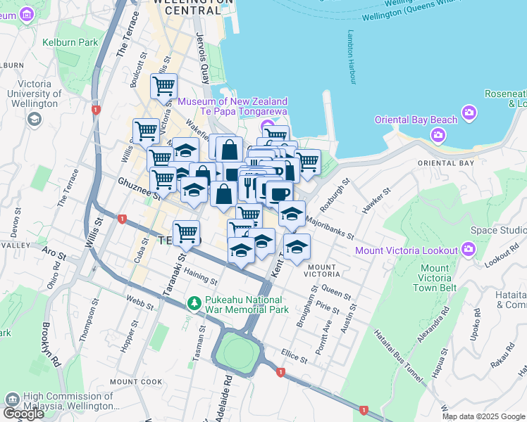 map of restaurants, bars, coffee shops, grocery stores, and more near 37 Courtenay Place in Wellington