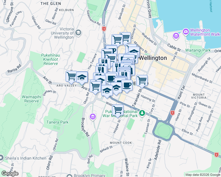 map of restaurants, bars, coffee shops, grocery stores, and more near Abel Smith Street in Wellington
