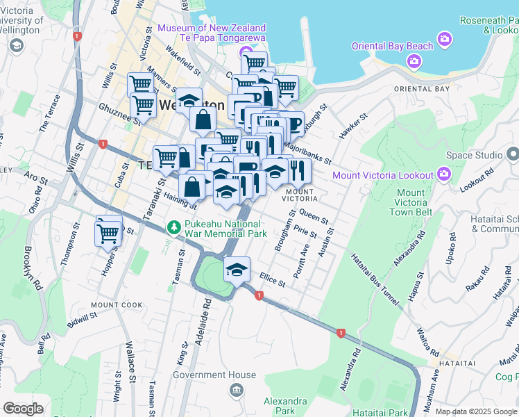 map of restaurants, bars, coffee shops, grocery stores, and more near 13 Pirie Street in Wellington