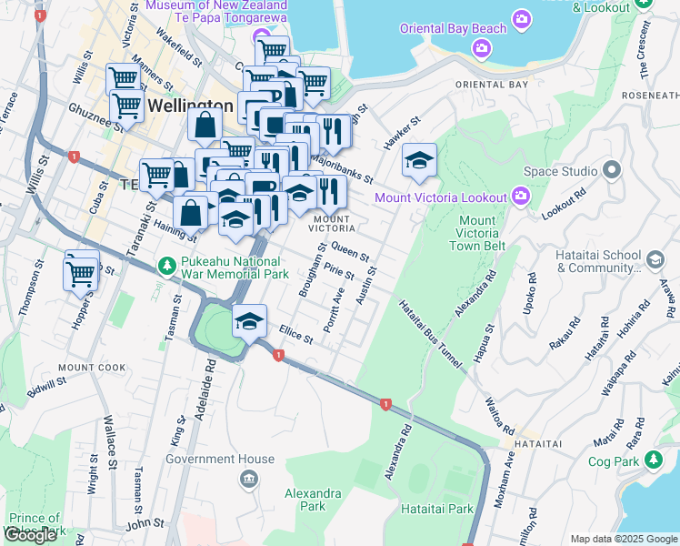 map of restaurants, bars, coffee shops, grocery stores, and more near 66 Pirie St in Wellington