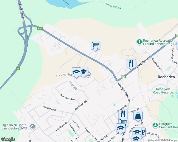 map of restaurants, bars, coffee shops, grocery stores, and more near 215 George Town Road in Rocherlea