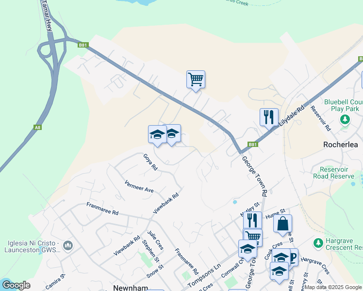 map of restaurants, bars, coffee shops, grocery stores, and more near 215 George Town Road in Rocherlea