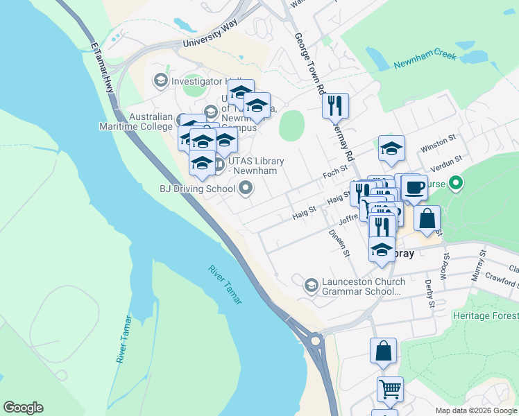 map of restaurants, bars, coffee shops, grocery stores, and more near 55 Foch Street in Mowbray