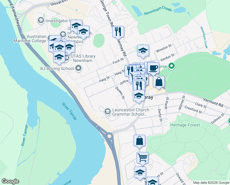 map of restaurants, bars, coffee shops, grocery stores, and more near 4 Adams Street in Mowbray