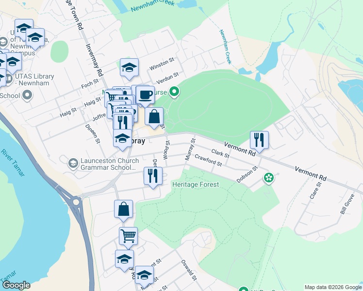 map of restaurants, bars, coffee shops, grocery stores, and more near 12 Clark Street in Mowbray