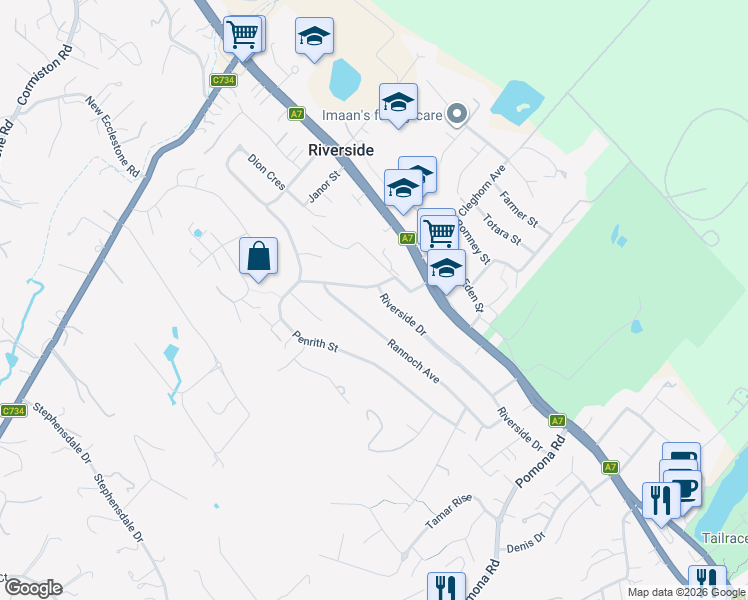 map of restaurants, bars, coffee shops, grocery stores, and more near 75 Riverside Drive in Riverside