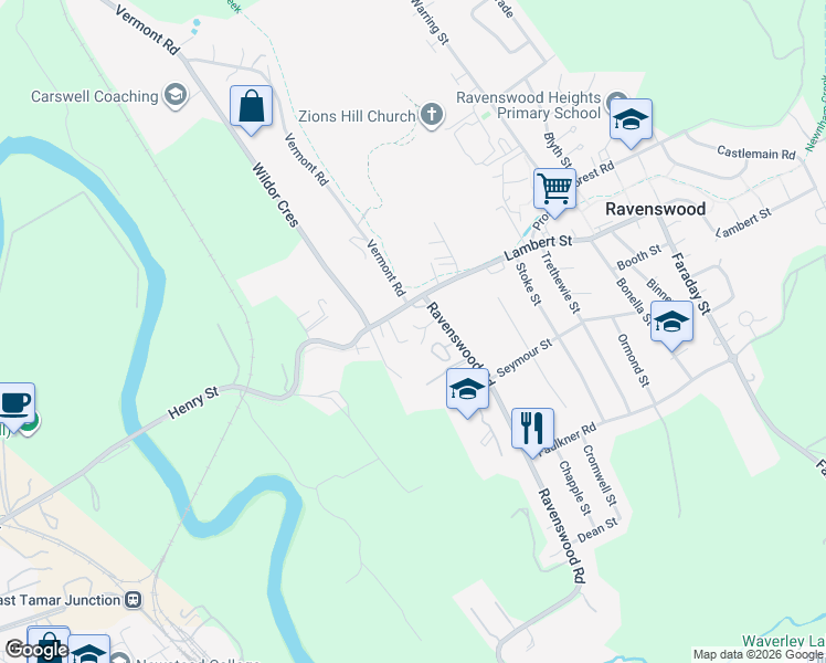map of restaurants, bars, coffee shops, grocery stores, and more near 6A Ravenswood Road in Ravenswood
